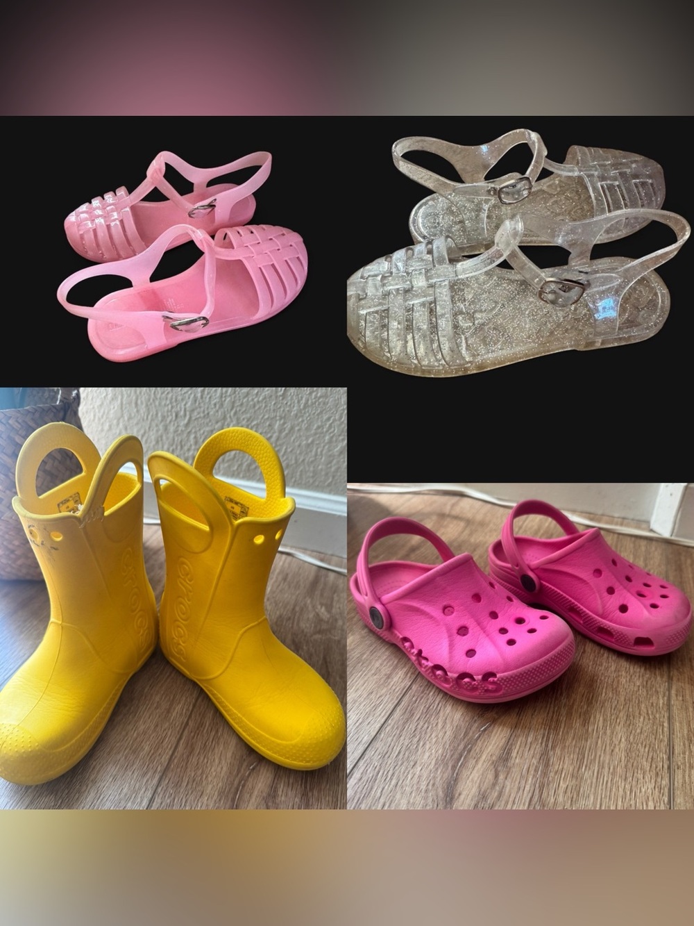 CROCS Kids Yellow Rain Boots, Pink classic Clog, Set of old Navy Jelly’s. USED